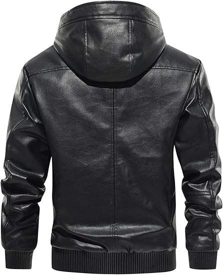 Men’s Faux Leather Jacket Fleece Padded Bomber Motorcycle Jacket with Hood