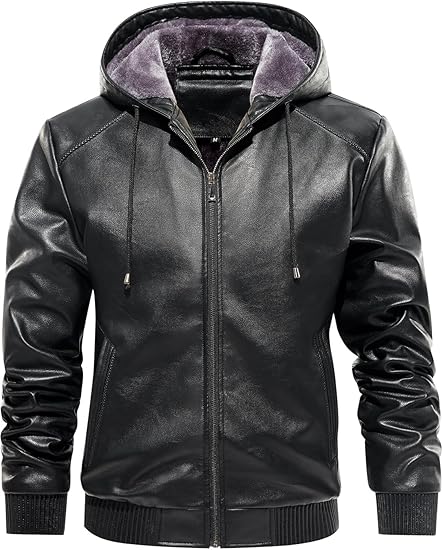 Men’s Faux Leather Jacket Fleece Padded Bomber Motorcycle Jacket with Hood