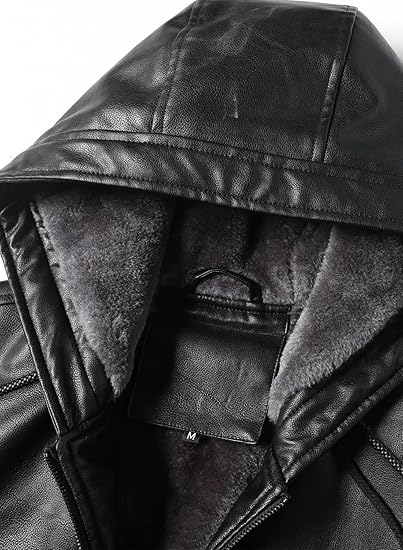 Men’s Faux Leather Jacket Fleece Padded Bomber Motorcycle Jacket with Hood